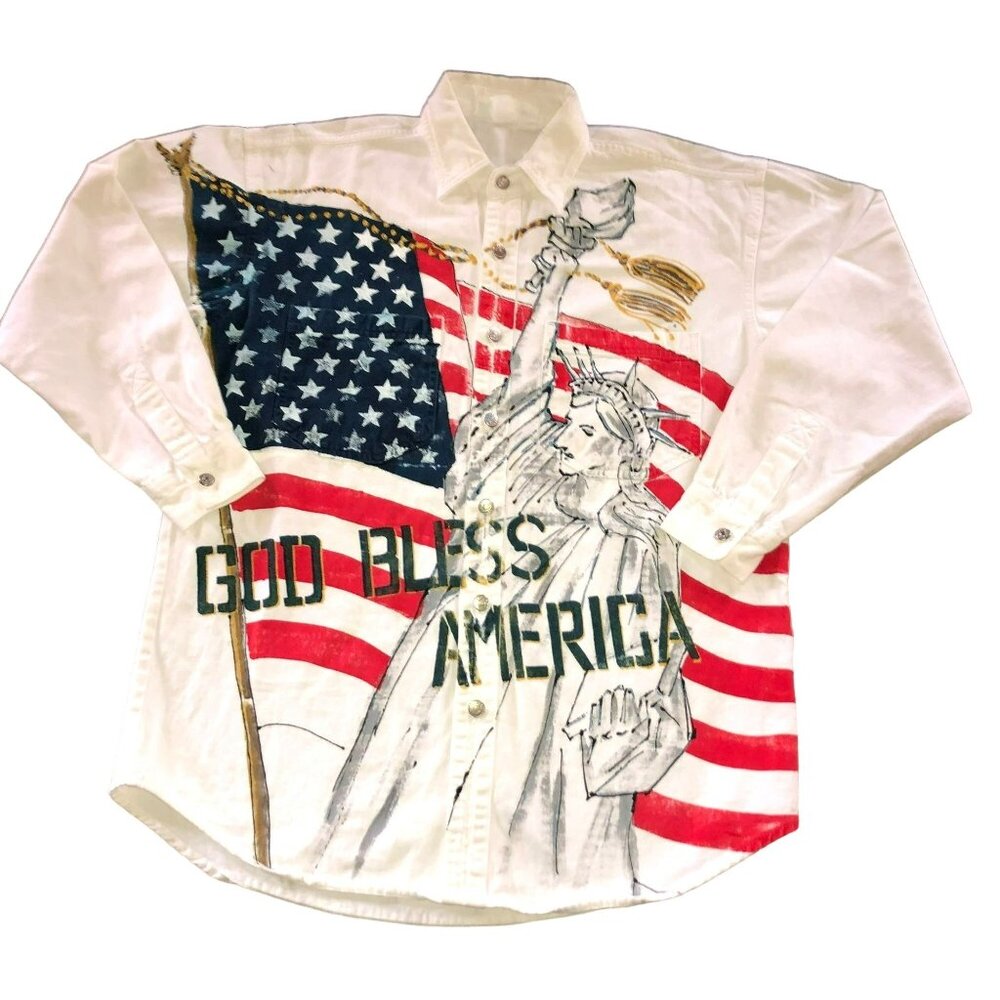 Marguerita 4th of July Denim Shirt Sz M AOP "God Bless America" USA Made Mens